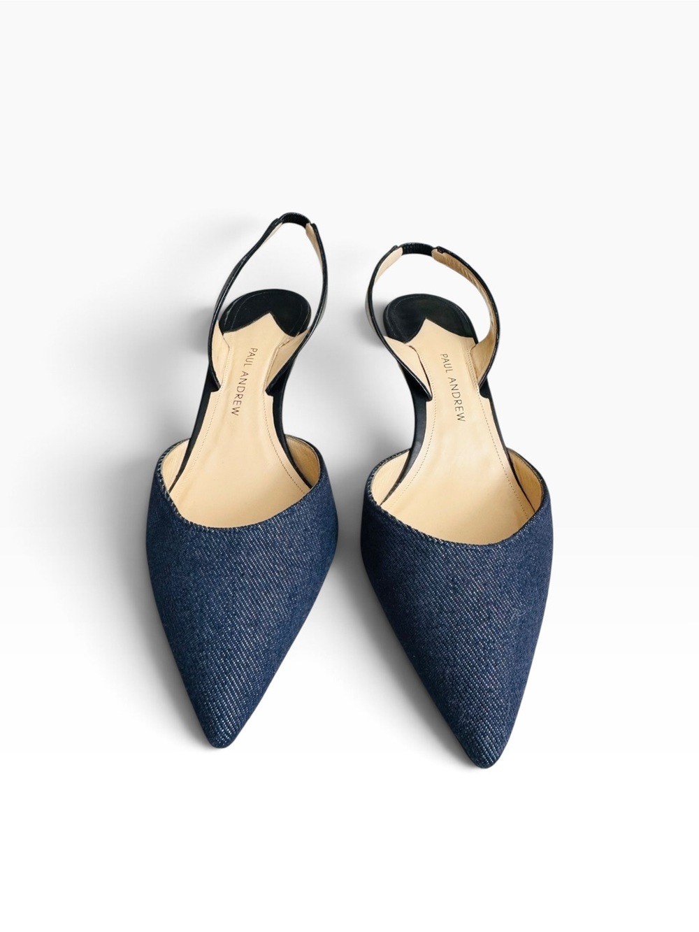 Paul Andrew Women EU 37 US 7 Navy Denim Pointed Toe Slingback Kitten Heels